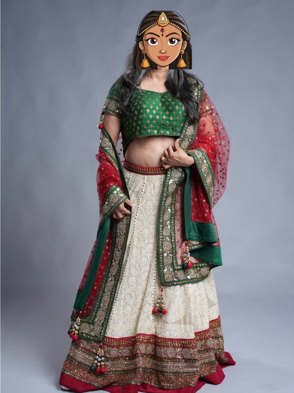 Green & Cream Embroidered A-Line Lehenga with Red Dupatta by